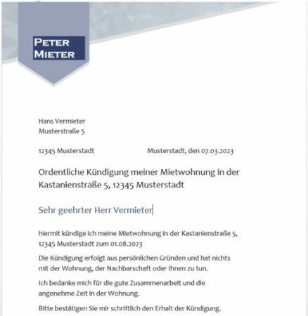 Wohnungsbewerbung I K Ndigung Des Mietvertrages Durch Den Mieter In